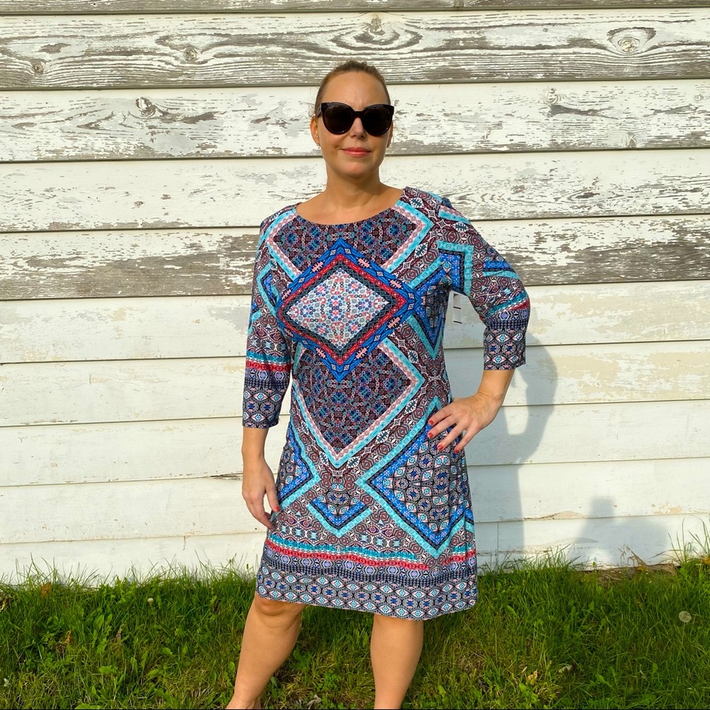 NWT Be by Chetta B Stretchy Geometric Patchwork Pattern Dress sz 16